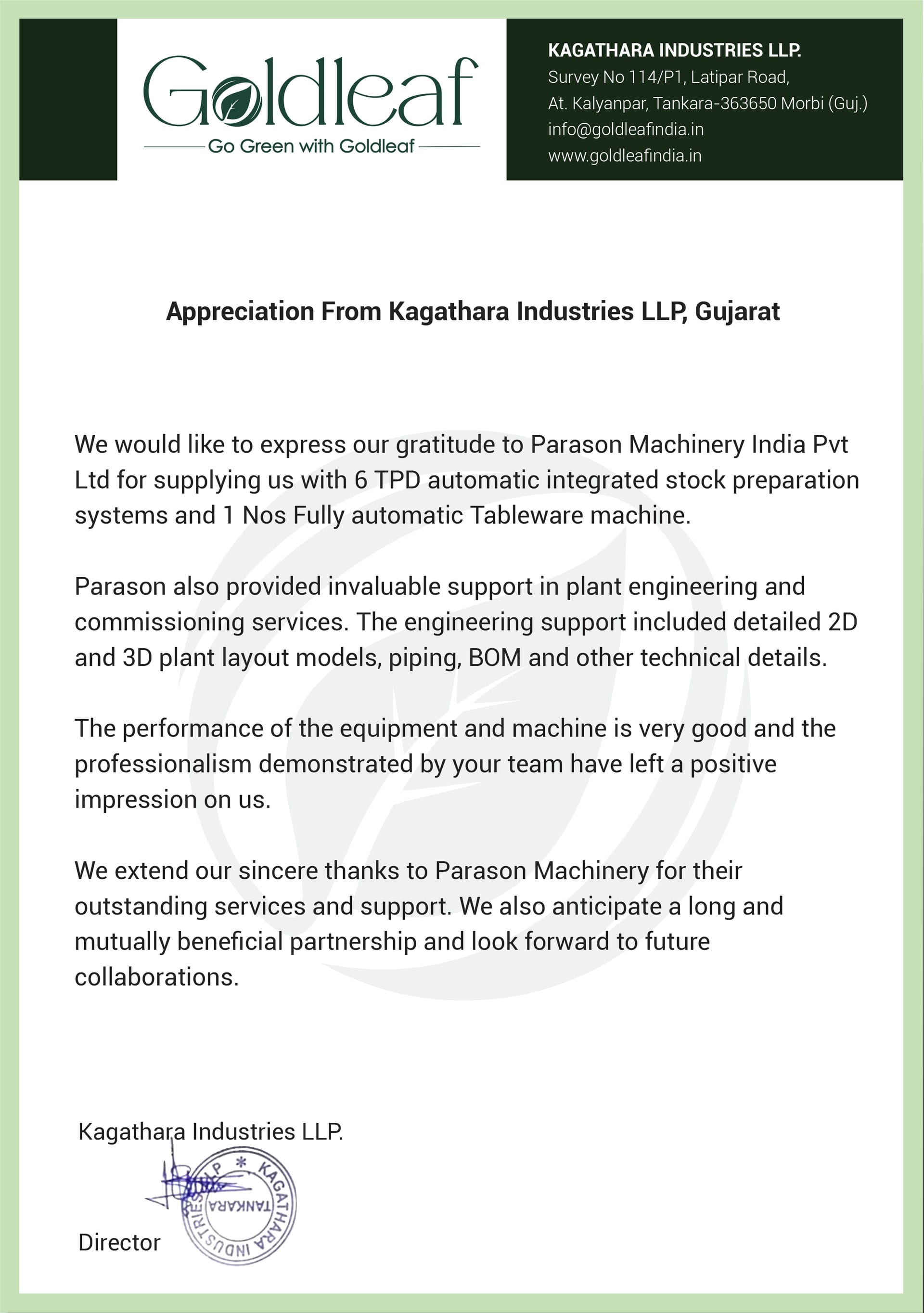 Kagathara Goldleaf appreciation letter